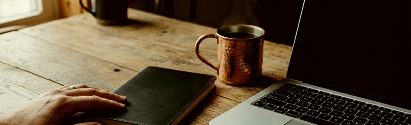 A rustic workshop bench in warm afternoon light: a closed black leather notebook with a hand resting on it, a copper mug of coffee, and a laptop